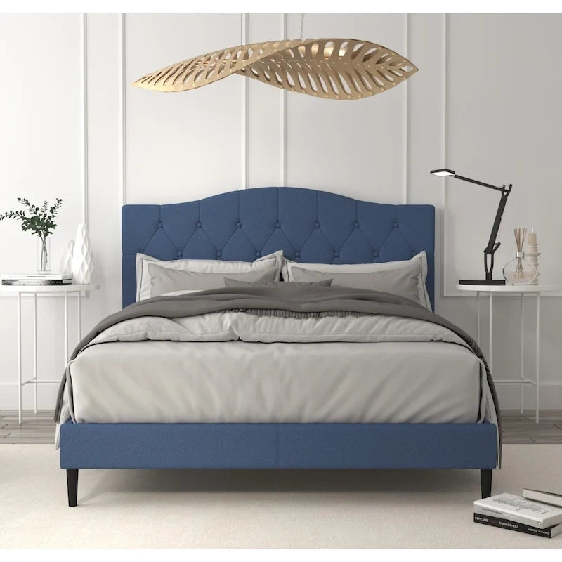 Button Tufted Camelback Upholstered Platform Bed with Foam Headboard, Multi-Color