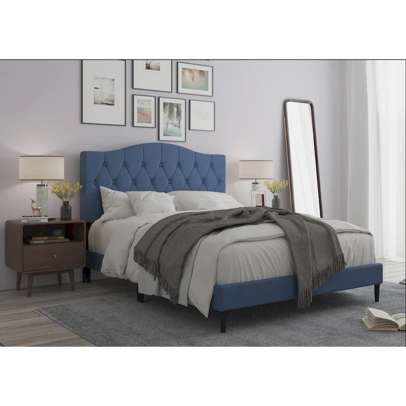Button Tufted Camelback Upholstered Platform Bed with Foam Headboard, Multi-Color