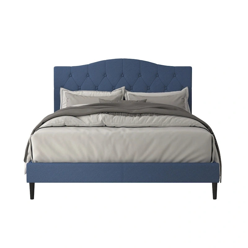 Button Tufted Camelback Upholstered Platform Bed with Foam Headboard, Multi-Color