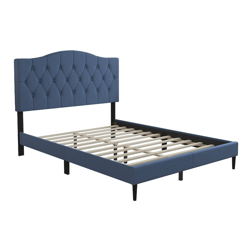 Button Tufted Camelback Upholstered Platform Bed with Foam Headboard, Multi-Color
