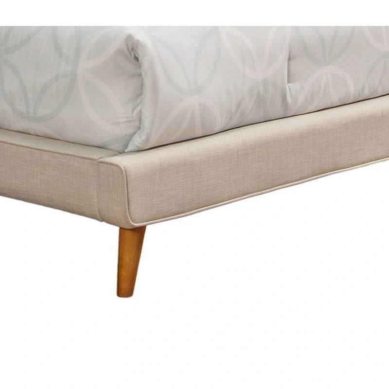 Mid-Century Modern Upholstered Platform Bed with Linen Fabric and Tapered Wood Legs, Light Grey