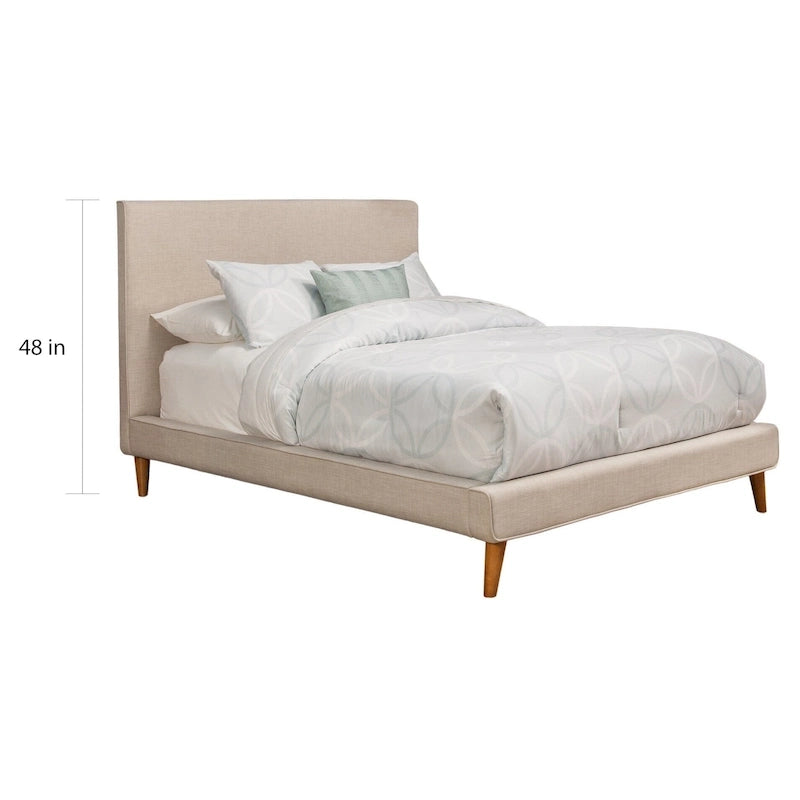 Mid-Century Modern Upholstered Platform Bed with Linen Fabric and Tapered Wood Legs, Light Grey