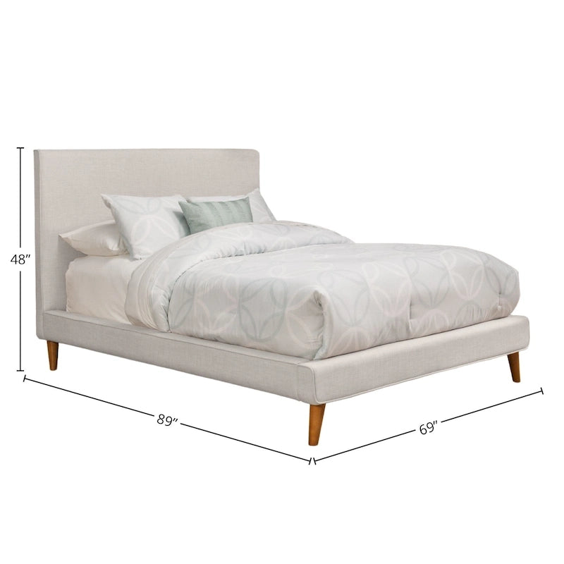 Mid-Century Modern Upholstered Platform Bed with Linen Fabric and Tapered Wood Legs, Light Grey