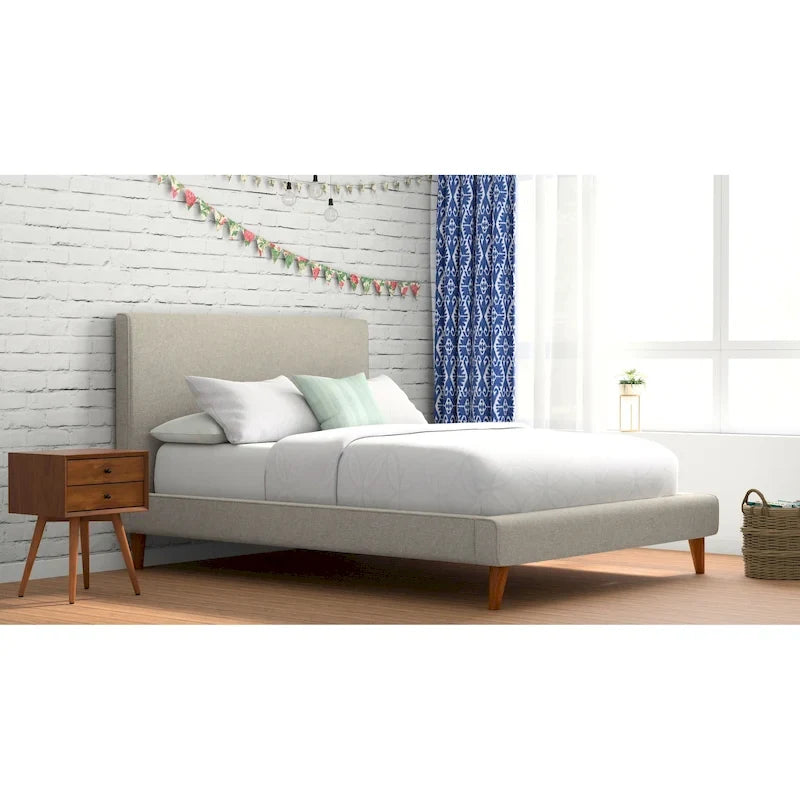 Mid-Century Modern Upholstered Platform Bed with Linen Fabric and Tapered Wood Legs, Light Grey