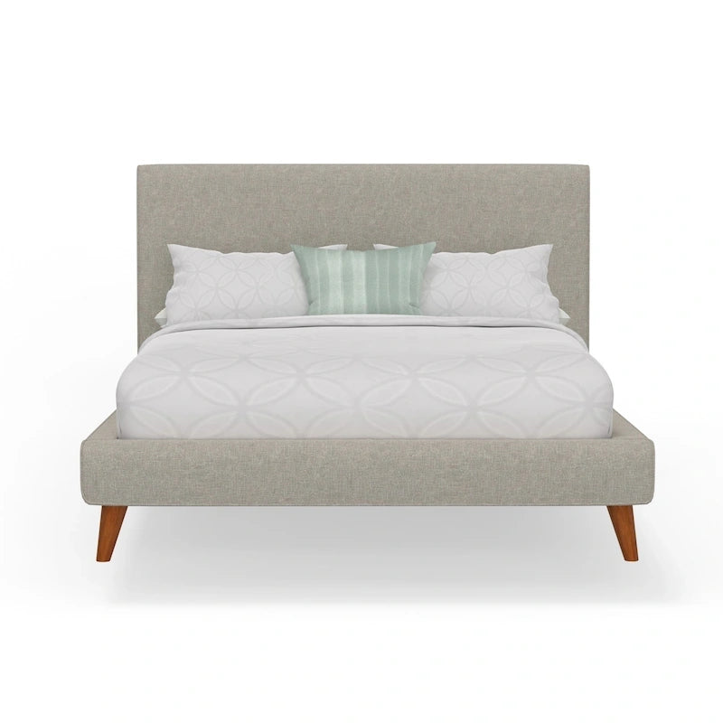 Mid-Century Modern Upholstered Platform Bed with Linen Fabric and Tapered Wood Legs, Light Grey