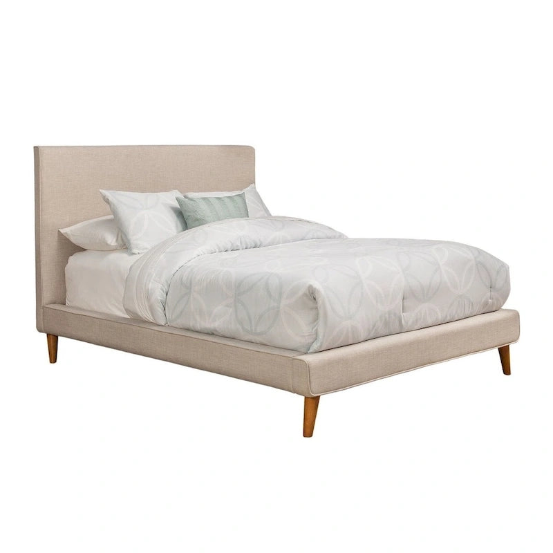 Mid-Century Modern Upholstered Platform Bed with Linen Fabric and Tapered Wood Legs, Light Grey