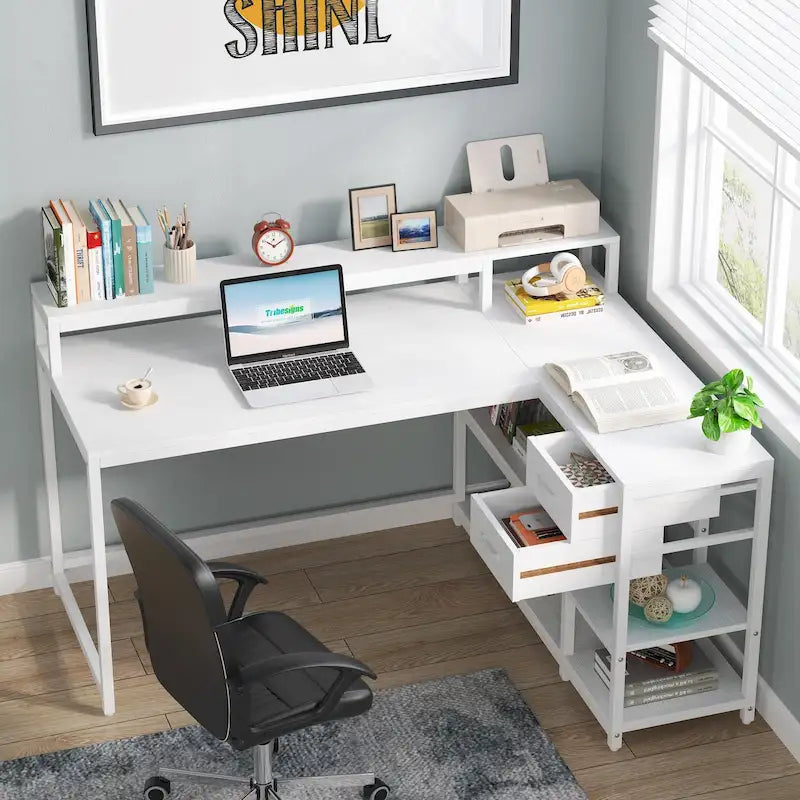 L-Shaped Corner Desk with Drawers, Storage Shelves and Monitor Stand, Multi-Color