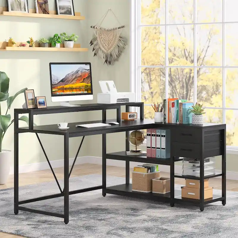 L-Shaped Corner Desk with Drawers, Storage Shelves and Monitor Stand, Multi-Color