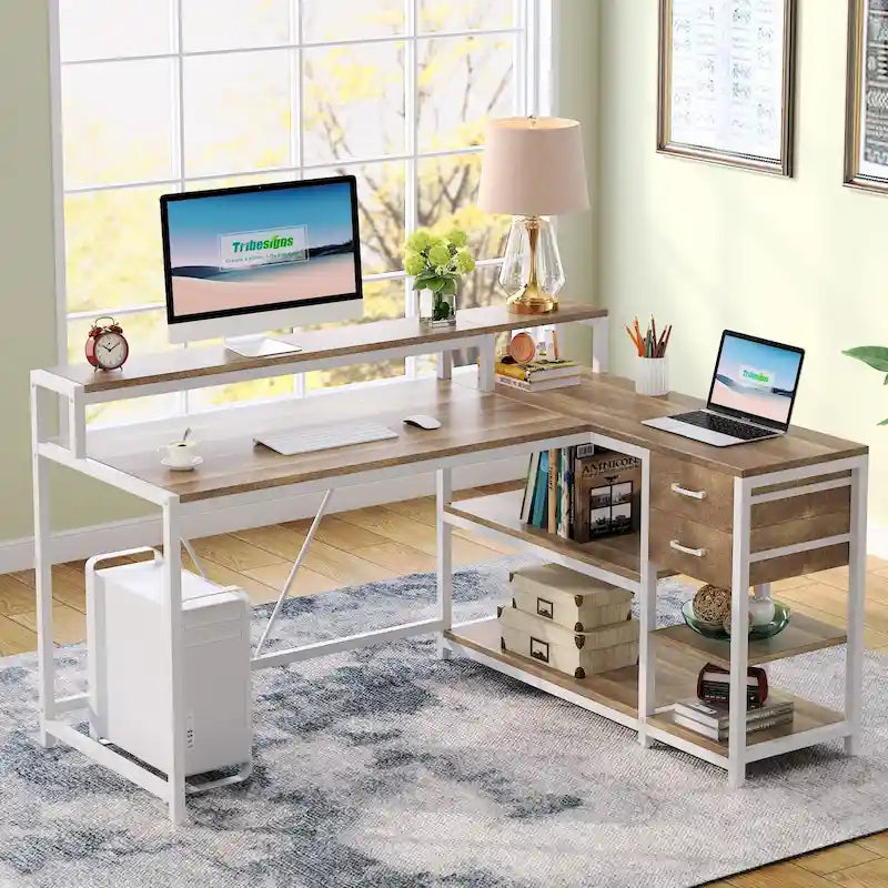 L-Shaped Corner Desk with Drawers, Storage Shelves and Monitor Stand, Multi-Color