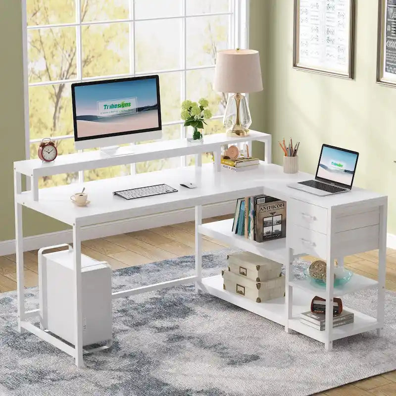 L-Shaped Corner Desk with Drawers, Storage Shelves and Monitor Stand, Multi-Color