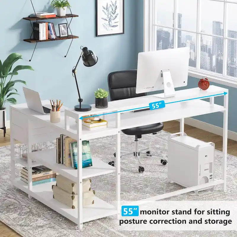 L-Shaped Corner Desk with Drawers, Storage Shelves and Monitor Stand, Multi-Color
