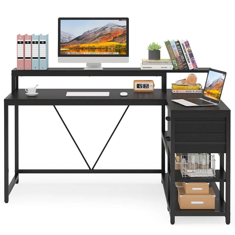 Scrivania angolare a L con cassetti, ripiani contenitore e supporto per monitor, multicolore