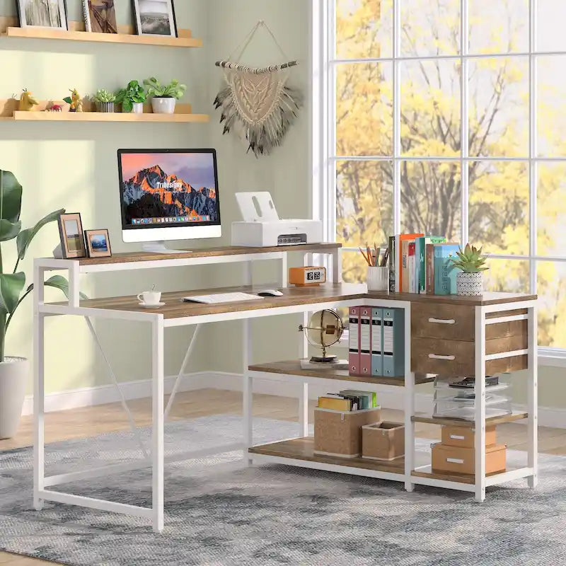 Scrivania angolare a L con cassetti, ripiani contenitore e supporto per monitor, multicolore