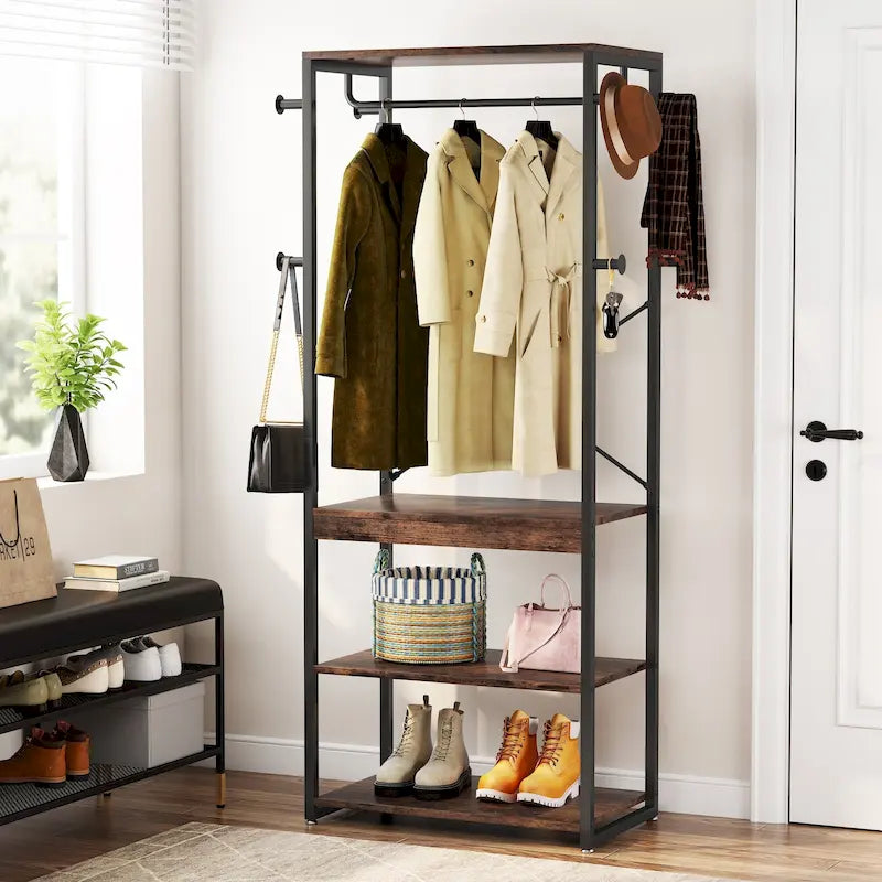 Freestanding Hall Tree Coat Rack with 4 Shelves, 8 Hooks and Hanging Rod, Multi-Color