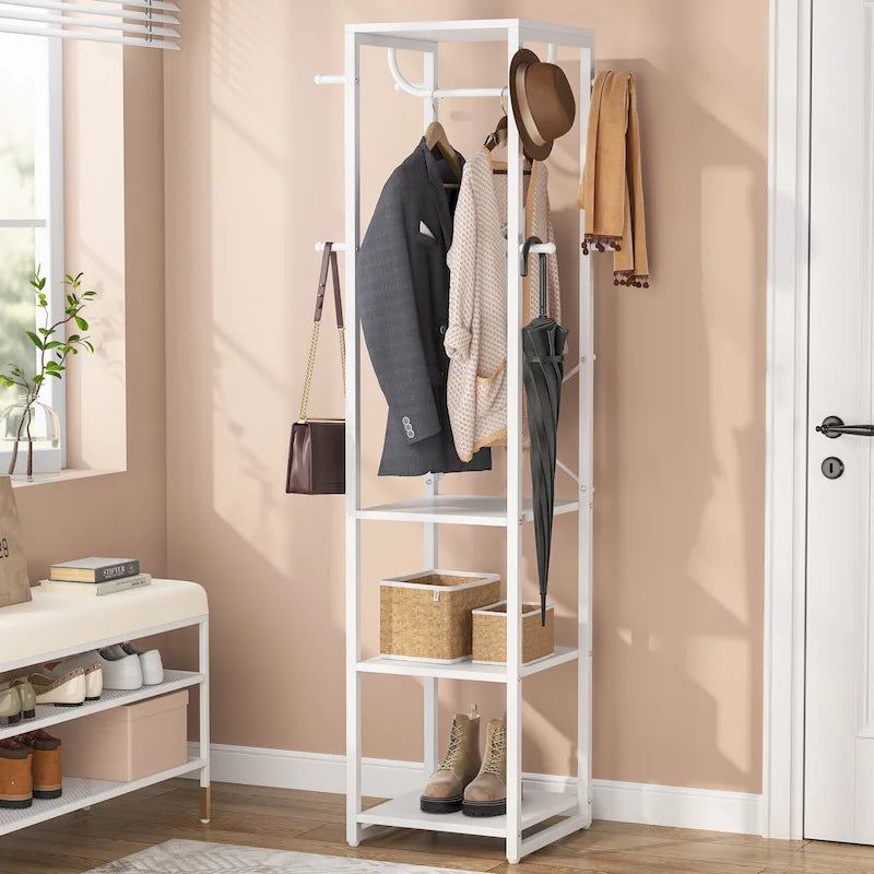 Freestanding Hall Tree Coat Rack with 4 Shelves, 8 Hooks and Hanging Rod, Multi-Color