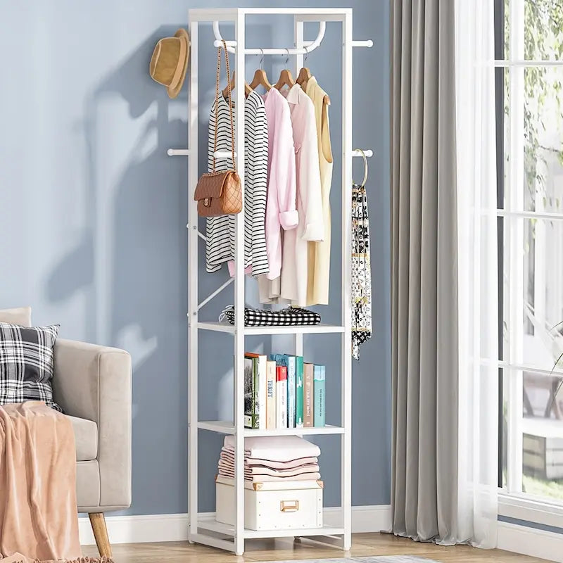Freestanding Hall Tree Coat Rack with 4 Shelves, 8 Hooks and Hanging Rod, Multi-Color
