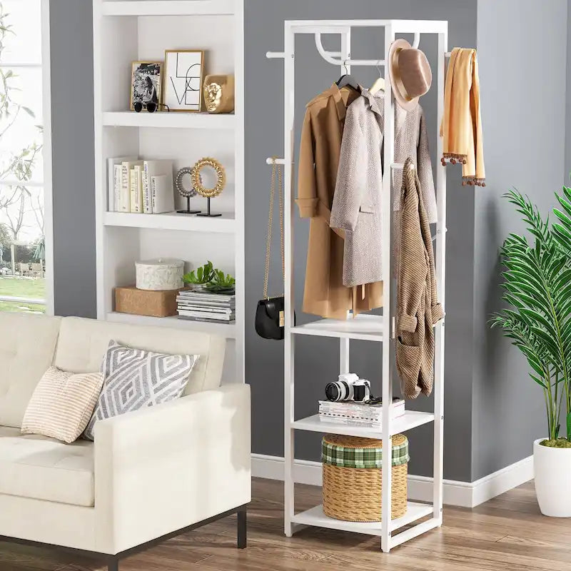 Freestanding Hall Tree Coat Rack with 4 Shelves, 8 Hooks and Hanging Rod, Multi-Color
