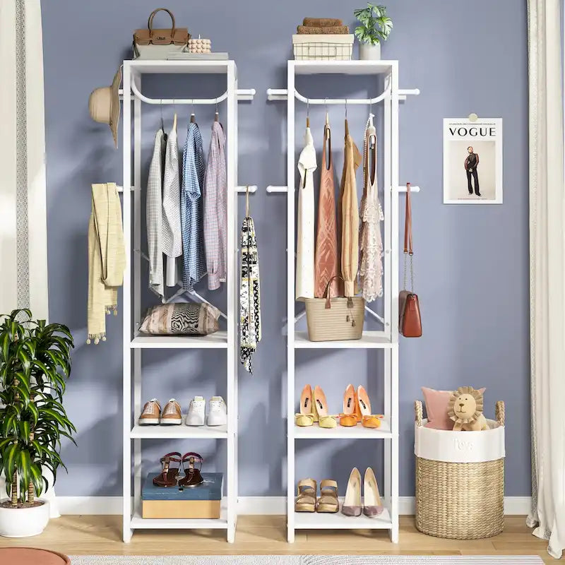 Freestanding Hall Tree Coat Rack with 4 Shelves, 8 Hooks and Hanging Rod, Multi-Color