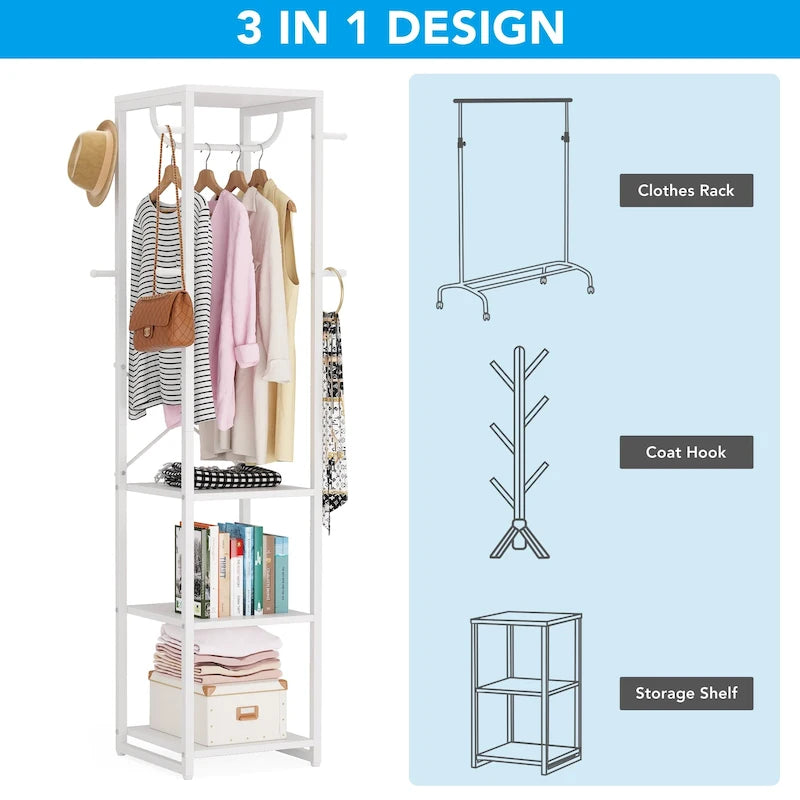 Freestanding Hall Tree Coat Rack with 4 Shelves, 8 Hooks and Hanging Rod, Multi-Color