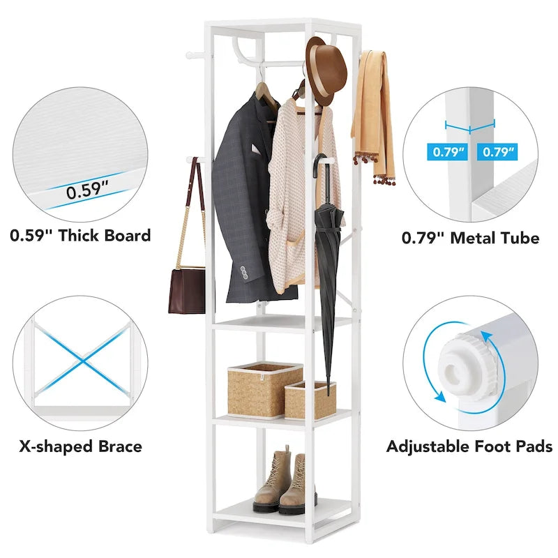 Freestanding Hall Tree Coat Rack with 4 Shelves, 8 Hooks and Hanging Rod, Multi-Color