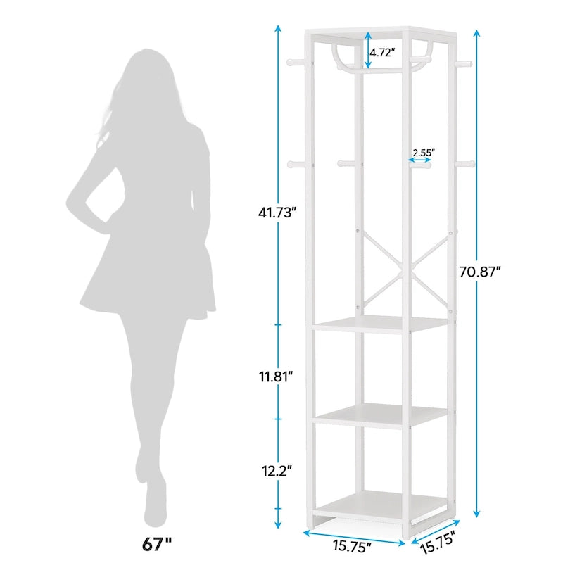 Freestanding Hall Tree Coat Rack with 4 Shelves, 8 Hooks and Hanging Rod, Multi-Color
