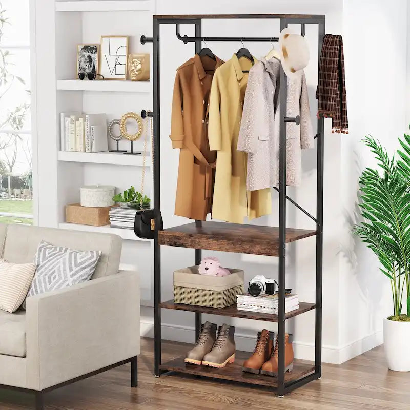 Freestanding Hall Tree Coat Rack with 4 Shelves, 8 Hooks and Hanging Rod, Multi-Color