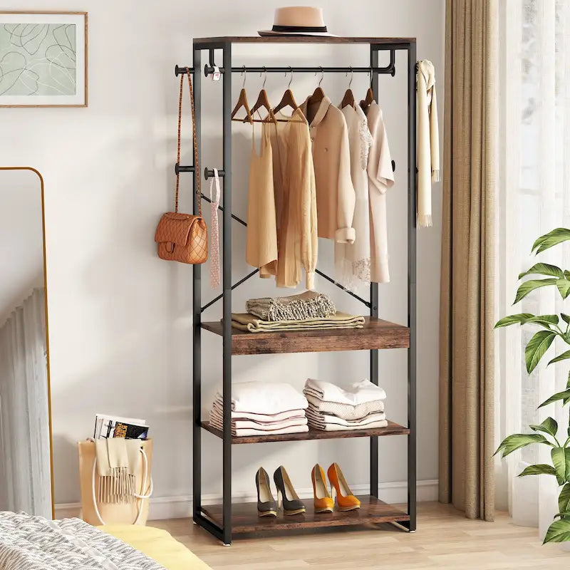 Freestanding Hall Tree Coat Rack with 4 Shelves, 8 Hooks and Hanging Rod, Multi-Color