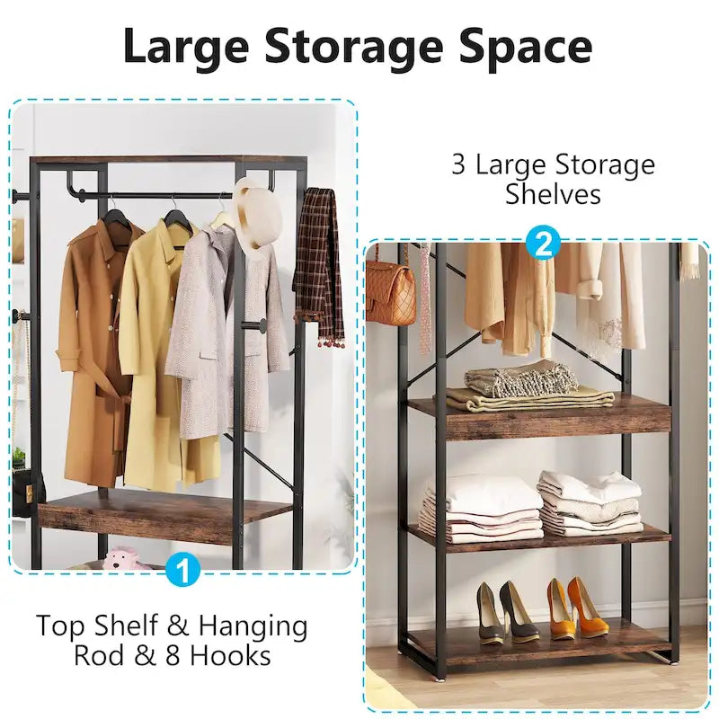 Freestanding Hall Tree Coat Rack with 4 Shelves, 8 Hooks and Hanging Rod, Multi-Color