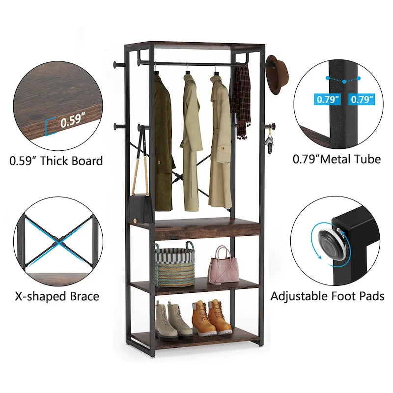 Freestanding Hall Tree Coat Rack with 4 Shelves, 8 Hooks and Hanging Rod, Multi-Color