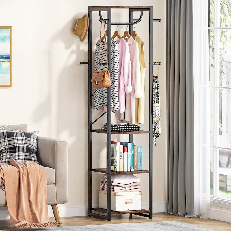 Freestanding Hall Tree Coat Rack with 4 Shelves, 8 Hooks and Hanging Rod, Multi-Color