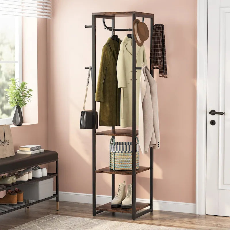 Freestanding Hall Tree Coat Rack with 4 Shelves, 8 Hooks and Hanging Rod, Multi-Color