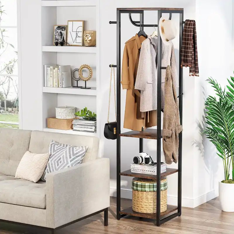 Freestanding Hall Tree Coat Rack with 4 Shelves, 8 Hooks and Hanging Rod, Multi-Color