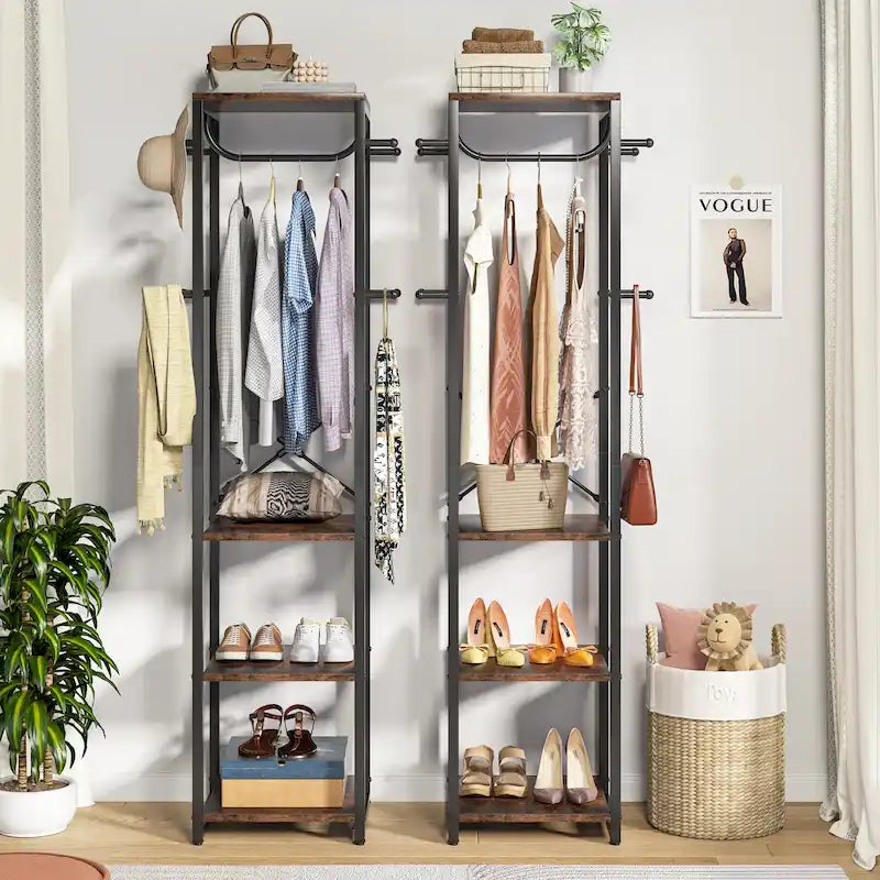 Freestanding Hall Tree Coat Rack with 4 Shelves, 8 Hooks and Hanging Rod, Multi-Color