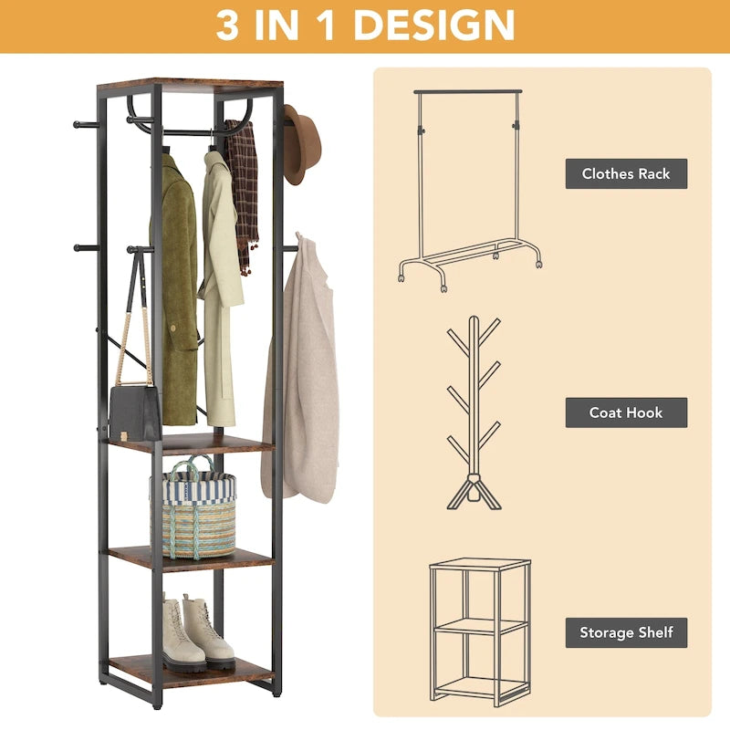 Freestanding Hall Tree Coat Rack with 4 Shelves, 8 Hooks and Hanging Rod, Multi-Color