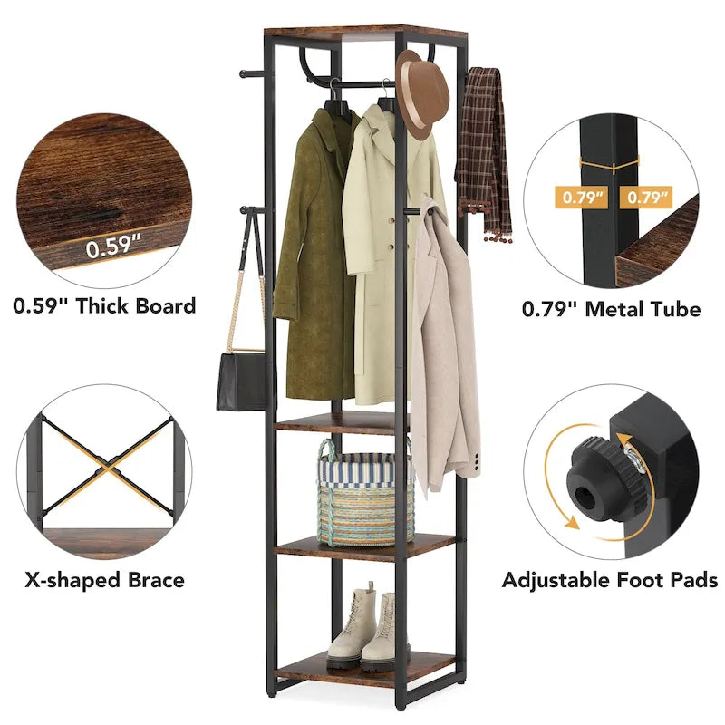 Freestanding Hall Tree Coat Rack with 4 Shelves, 8 Hooks and Hanging Rod, Multi-Color