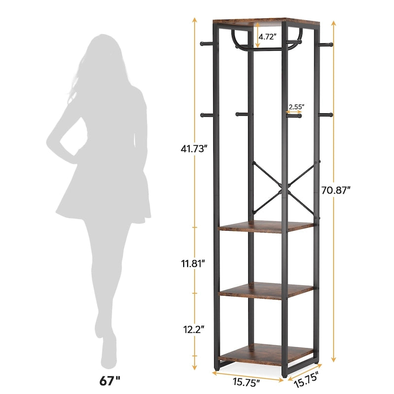 Freestanding Hall Tree Coat Rack with 4 Shelves, 8 Hooks and Hanging Rod, Multi-Color