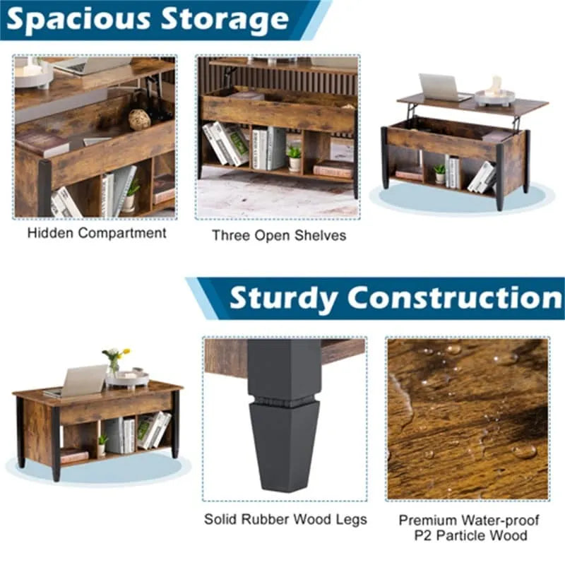 Lift Top Coffee Table with Hidden Storage Cabinet and 3-Compartment Shelf, Multi-Color