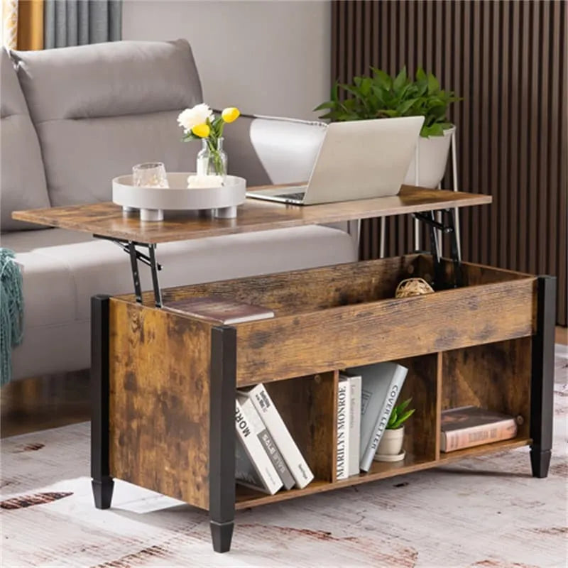 Lift Top Coffee Table with Hidden Storage Cabinet and 3-Compartment Shelf, Multi-Color