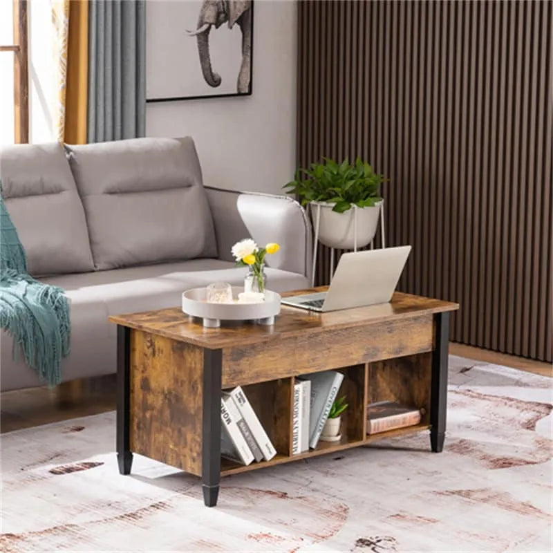 Lift Top Coffee Table with Hidden Storage Cabinet and 3-Compartment Shelf, Multi-Color