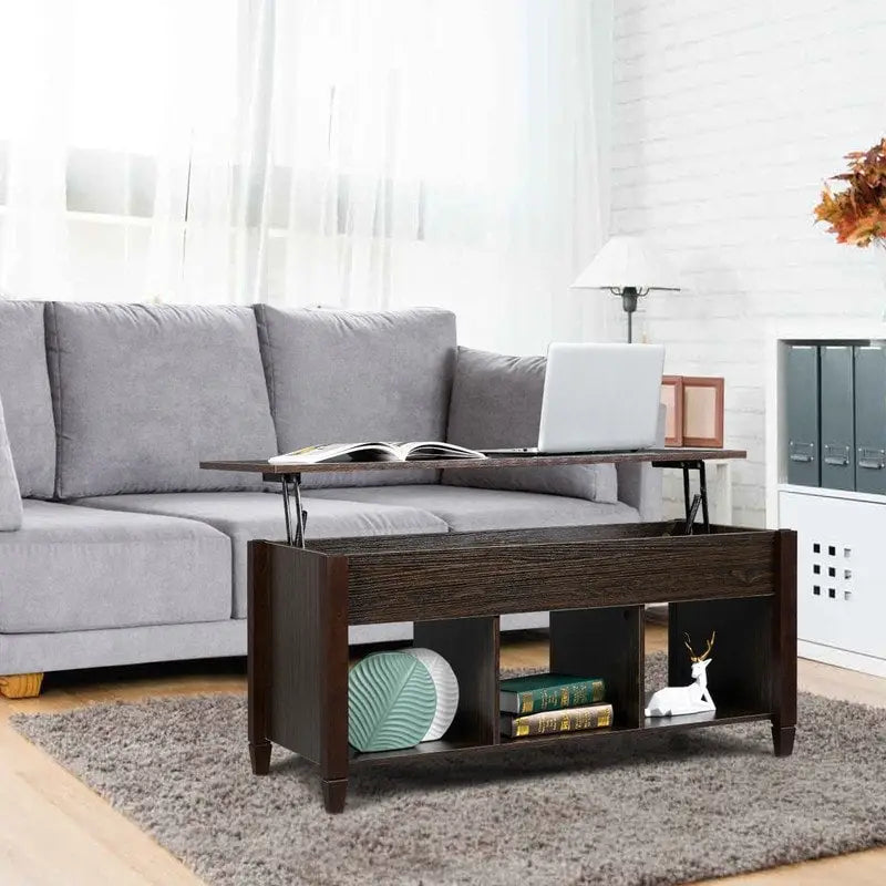 Lift Top Coffee Table with Hidden Storage Cabinet and 3-Compartment Shelf, Multi-Color