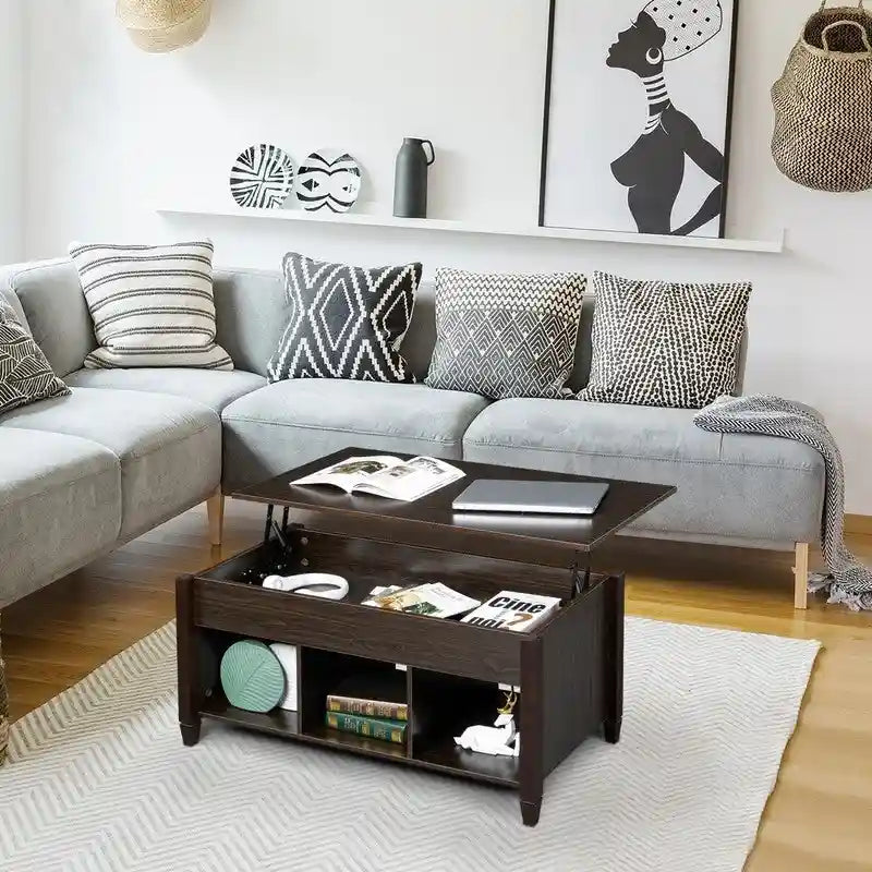 Lift Top Coffee Table with Hidden Storage Cabinet and 3-Compartment Shelf, Multi-Color