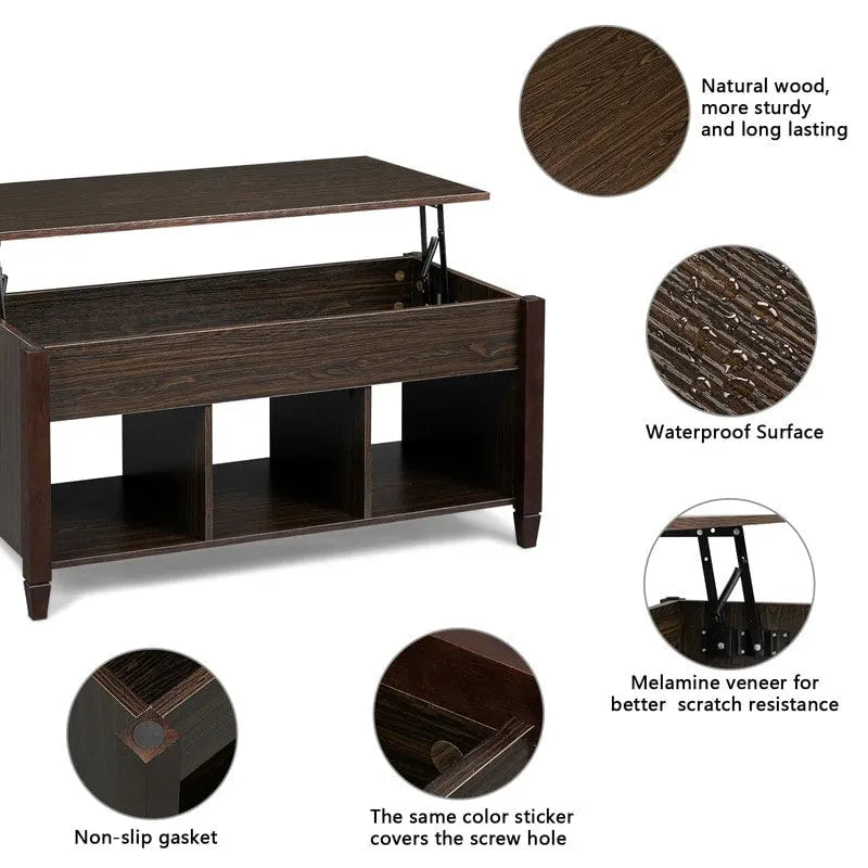 Lift Top Coffee Table with Hidden Storage Cabinet and 3-Compartment Shelf, Multi-Color