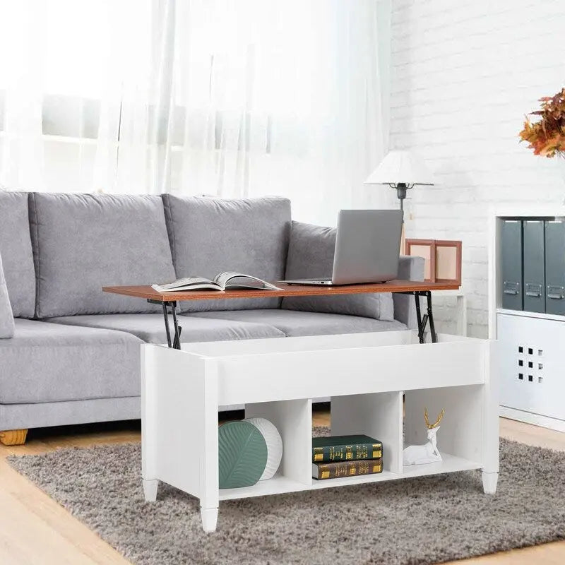 Lift Top Coffee Table with Hidden Storage Cabinet and 3-Compartment Shelf, Multi-Color