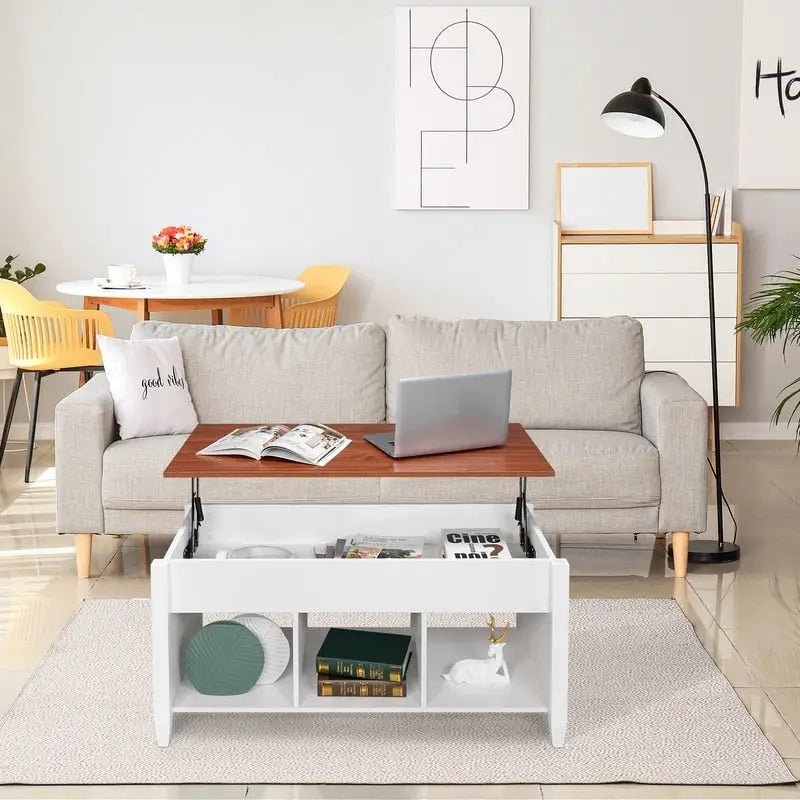 Lift Top Coffee Table with Hidden Storage Cabinet and 3-Compartment Shelf, Multi-Color