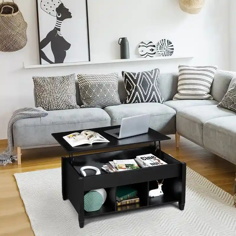 Lift Top Coffee Table with Hidden Storage Cabinet and 3-Compartment Shelf, Multi-Color