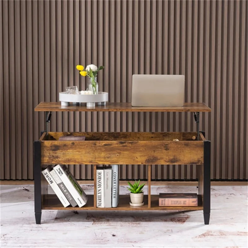 Lift Top Coffee Table with Hidden Storage Cabinet and 3-Compartment Shelf, Multi-Color