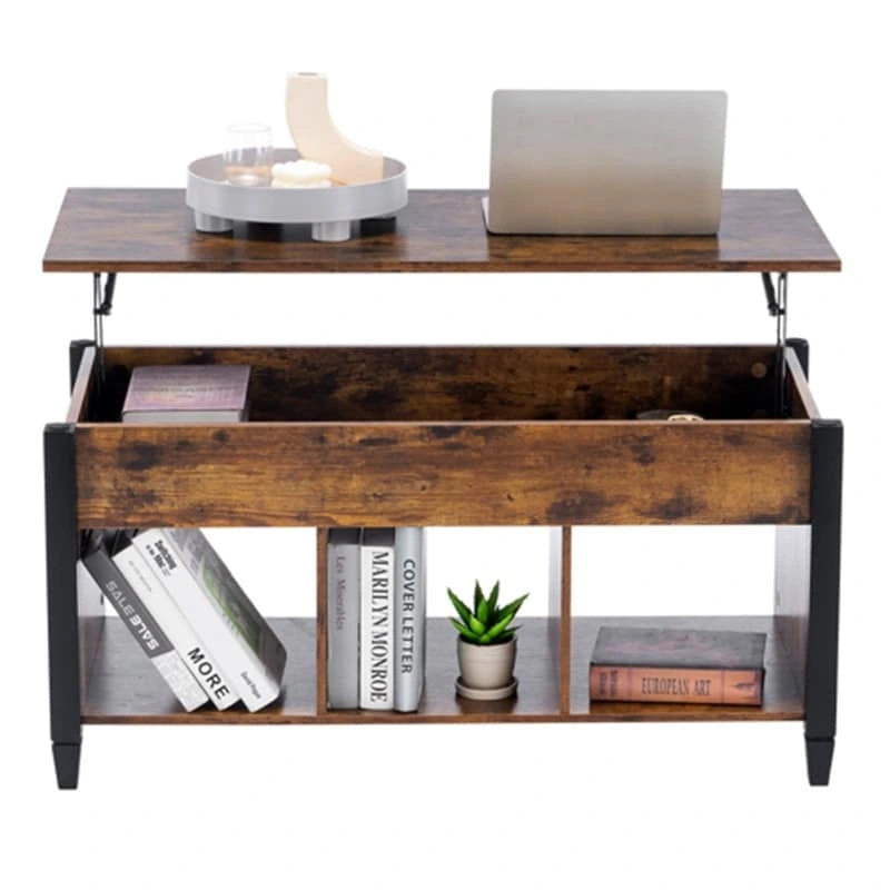 Lift Top Coffee Table with Hidden Storage Cabinet and 3-Compartment Shelf, Multi-Color