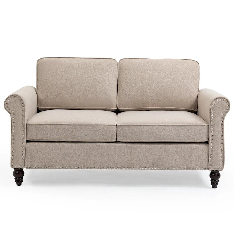 45" 2-Seater Linen Loveseat Sofa with Nailhead Trim and Rolled Arms, Light Beige