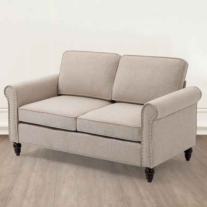 45" 2-Seater Linen Loveseat Sofa with Nailhead Trim and Rolled Arms, Light Beige
