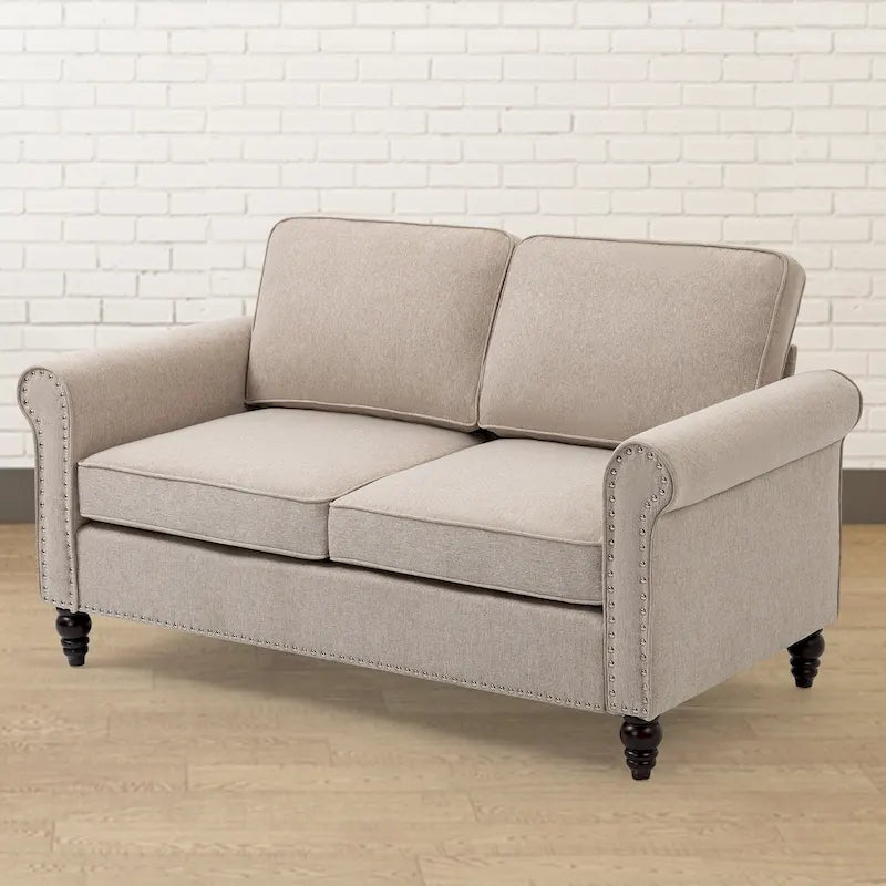 45" 2-Seater Linen Loveseat Sofa with Nailhead Trim and Rolled Arms, Light Beige